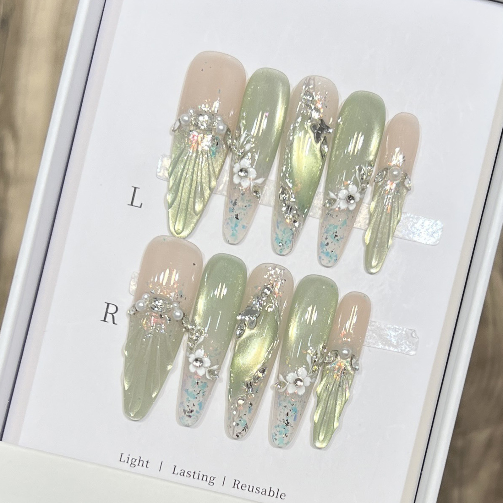 Resin Art Flower - 10 adet Uzun Badem takma tırnak